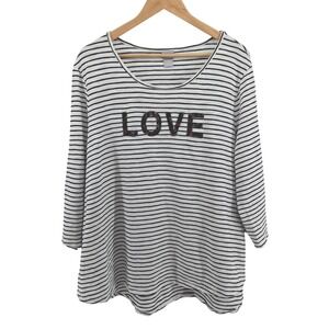 Chicos Striped LOVE Graphic Top Plus Size 4 (XXL) Black White Beaded Embellished